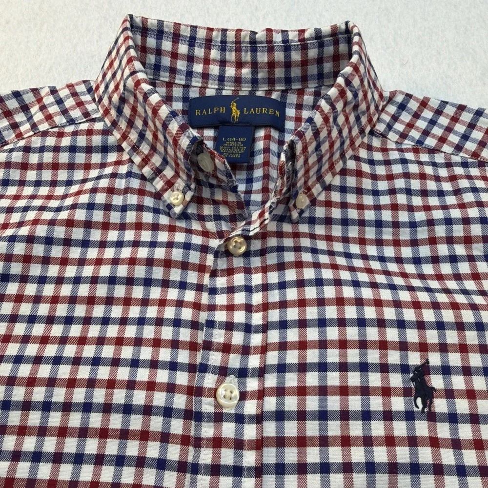 Ralph Lauren Boys Large 14-16 Gingham Button Down Shirt Red Navy‎ Blue Check
